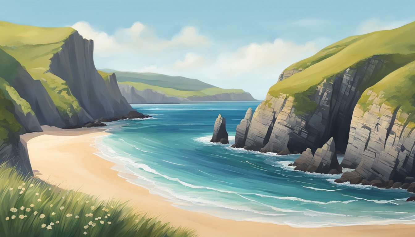 A secluded beach in Ireland, with golden sands and crystal-clear waters, framed by rugged cliffs and lush greenery. Waves gently lapping at the shore, creating a peaceful and serene atmosphere