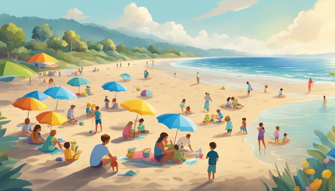 A sunny beach with calm waves, children building sandcastles, families picnicking, and colorful umbrellas dotting the shore