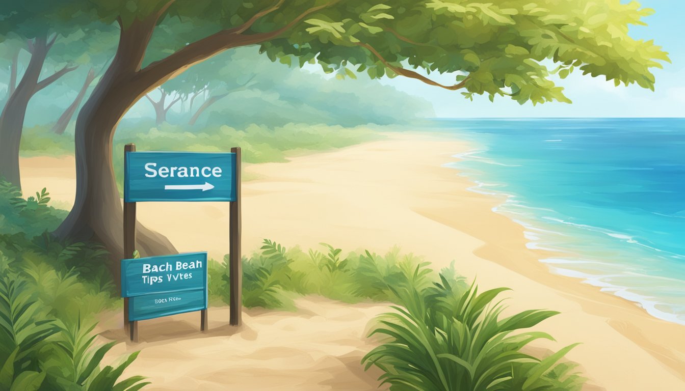 A serene beach with clear blue waters, soft golden sand, and lush greenery. A sign with eco-friendly beach visiting tips is placed near the entrance