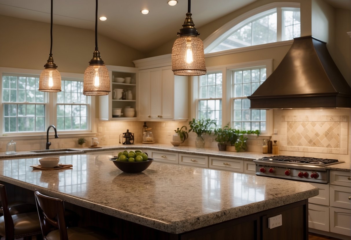 A well-lit kitchen with recessed ceiling lights, under-cabinet task lighting, and a pendant light over the island. Natural light streams in through large windows, illuminating the space