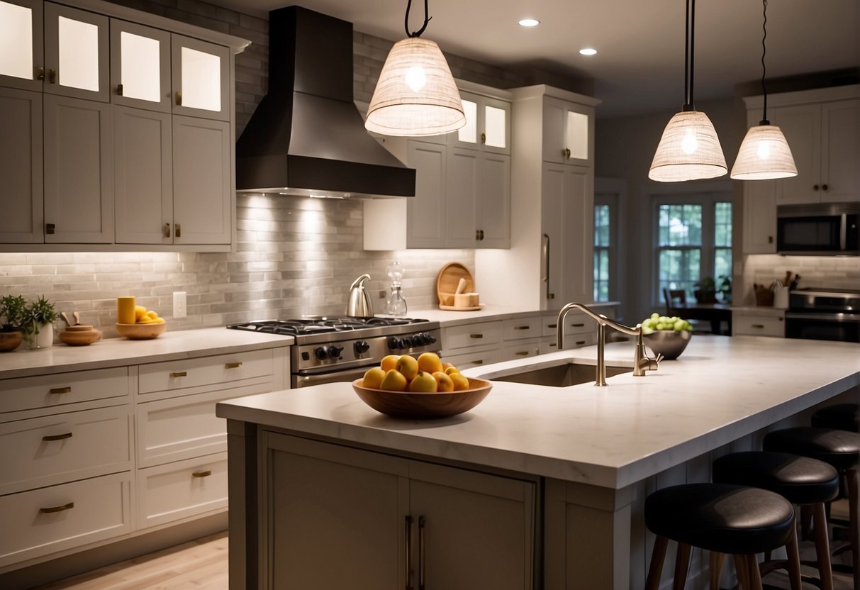 A well-lit kitchen with pendant lights over the island, recessed ceiling lights, and under-cabinet lighting, creating a warm and inviting atmosphere