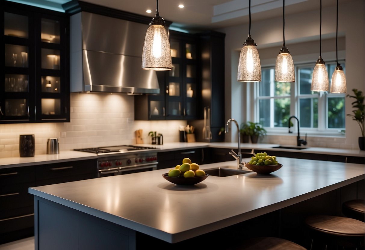 A modern kitchen with accent lighting highlighting the sleek countertops and decorative pendant lights illuminating the island