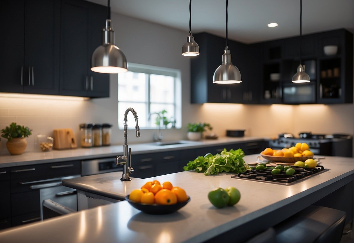 A bright task light hangs above a clean, organized kitchen workspace, illuminating the countertops and appliances for efficient food preparation