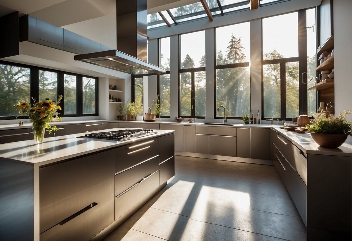 A sunlit kitchen with large windows, casting warm natural light onto a sleek, modern countertop and stainless steel appliances