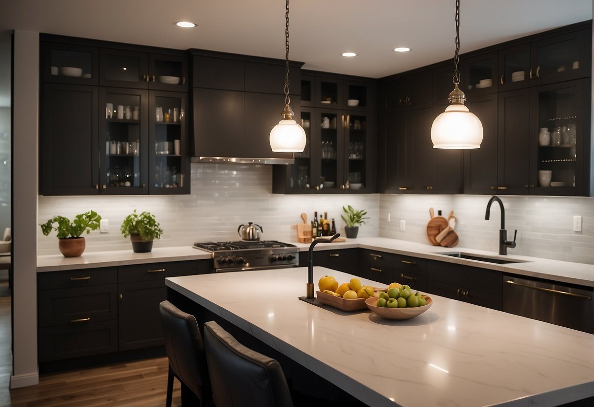 The small kitchen is illuminated by recessed lights, while the large kitchen features pendant lights over the island and under-cabinet lighting