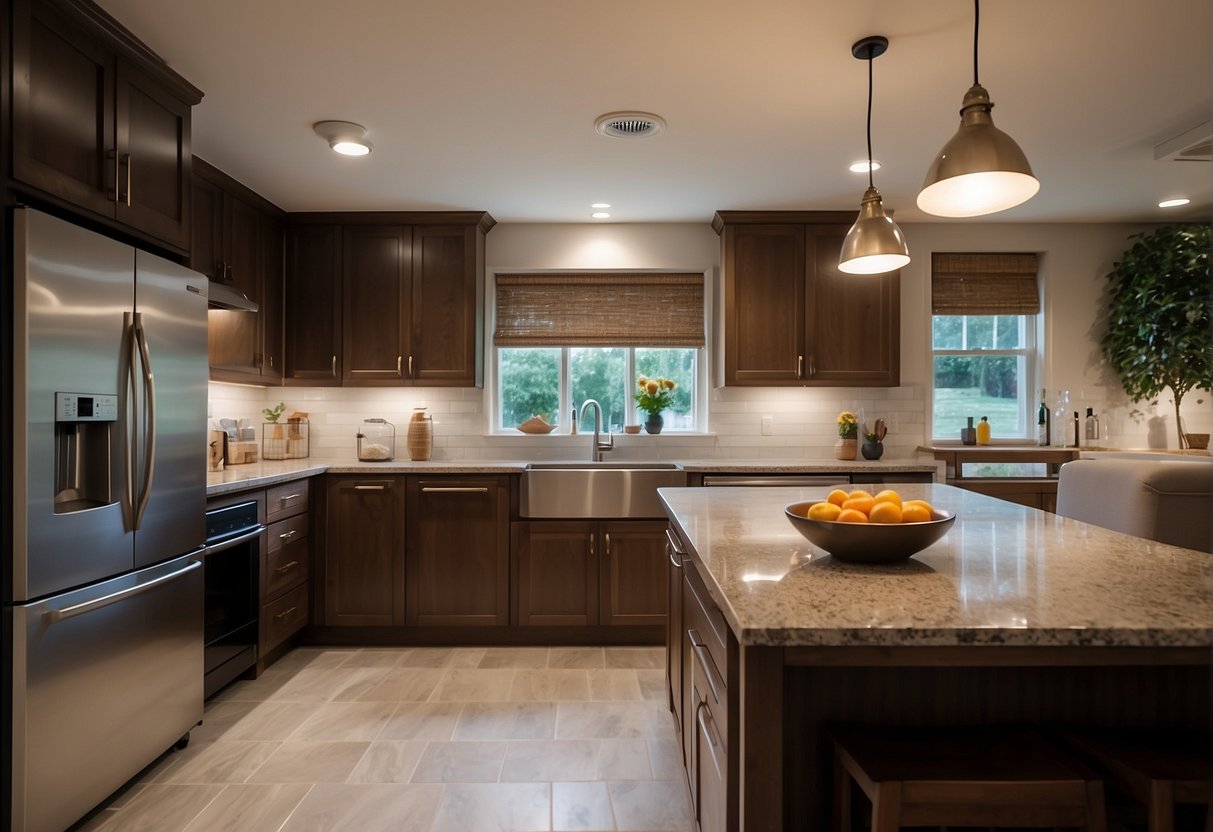 The kitchen is bathed in warm, soft light from recessed ceiling fixtures, creating a cozy and inviting atmosphere. Under-cabinet lighting adds a practical touch, illuminating the countertops and providing a functional workspace