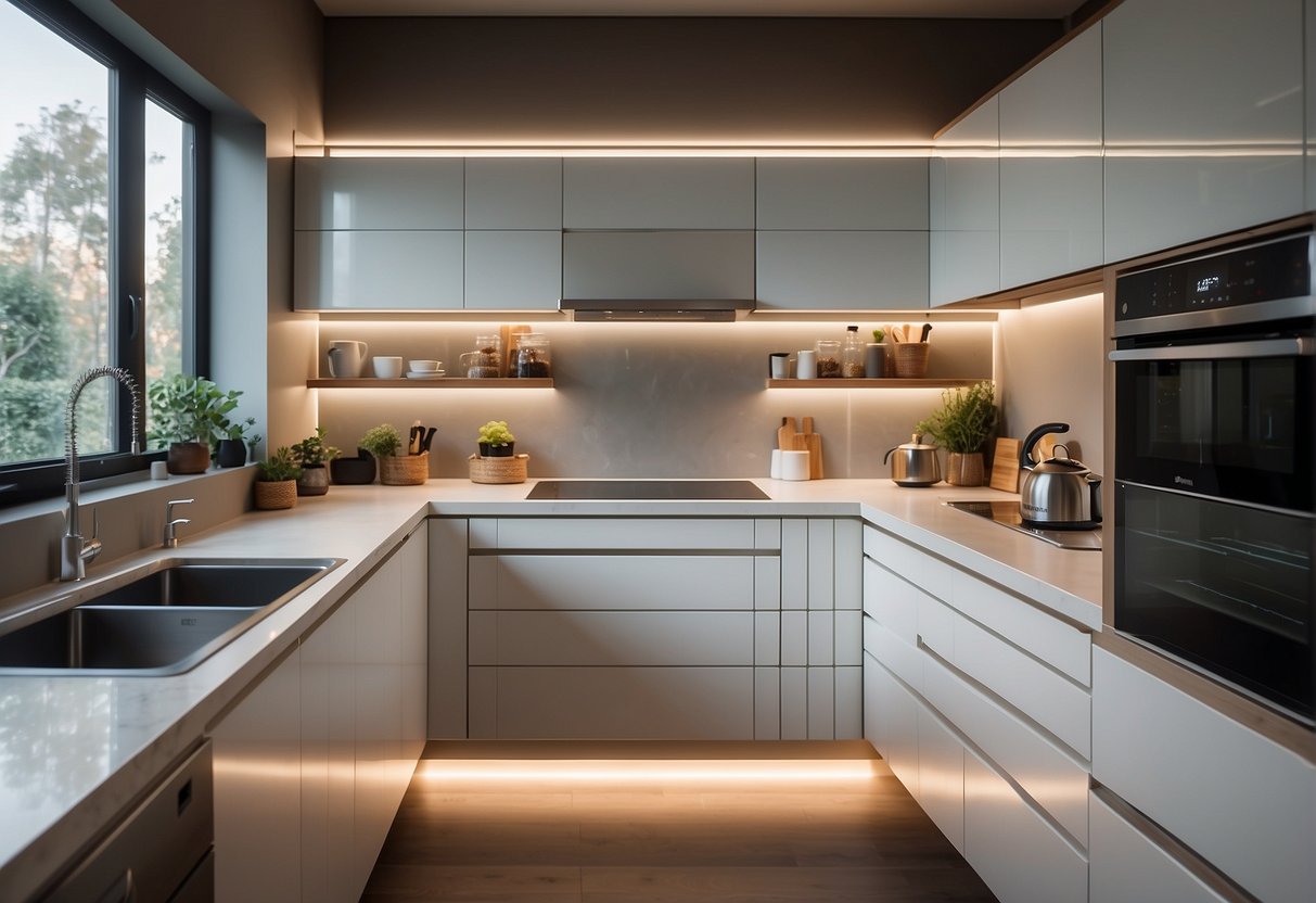 A bright, modern kitchen with recessed ceiling lights and under-cabinet LED strips illuminating the countertops and appliances