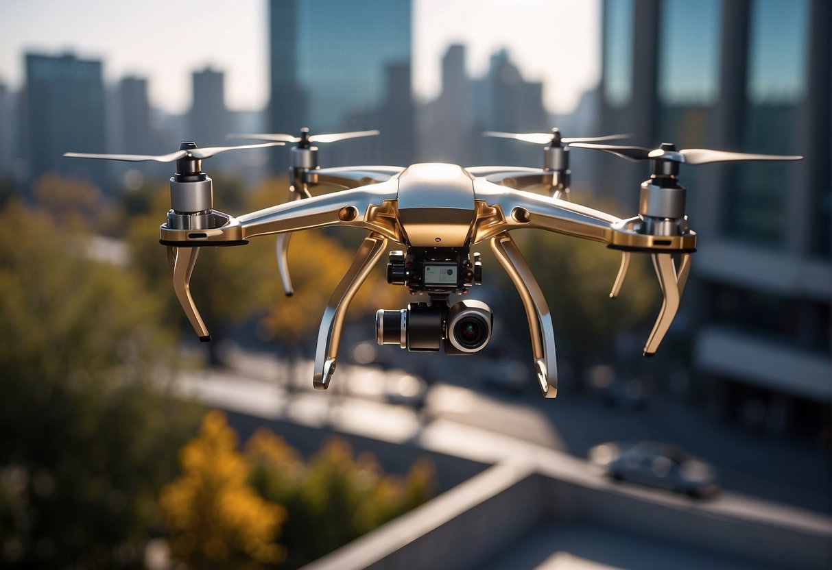 A spider drone hovers over a sleek, modern cityscape, its metallic legs and body glinting in the sunlight as it surveys the urban landscape