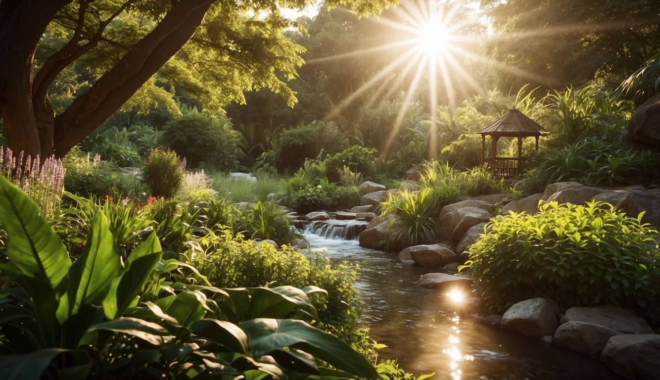 Lush garden with diverse plant life, clean flowing rivers, and animals living harmoniously. Sunlight beams down, showcasing the beauty of creation