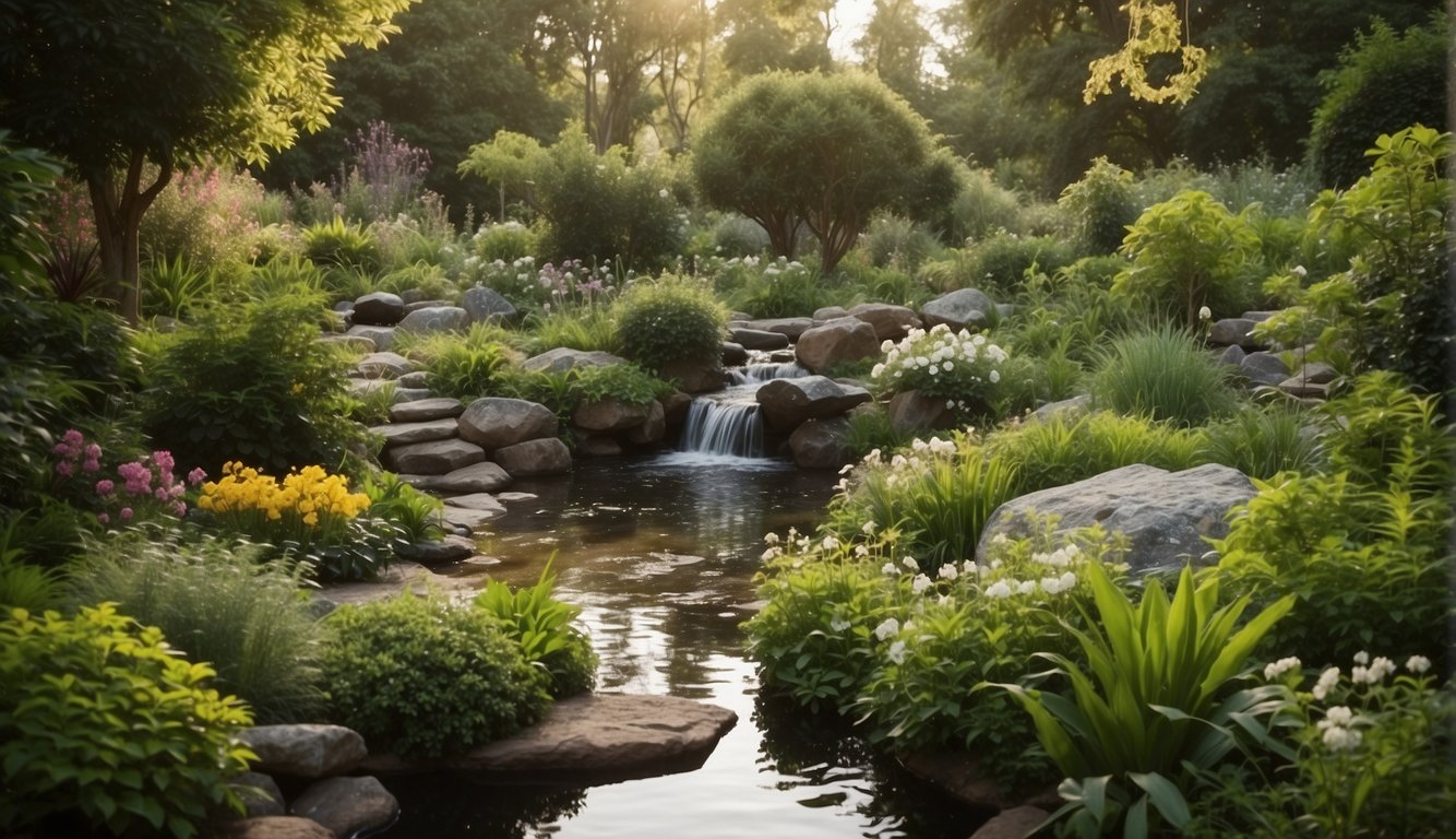 A lush garden with diverse plant life, clear flowing water, and animals coexisting peacefully, reflecting biblical principles of environmental stewardship