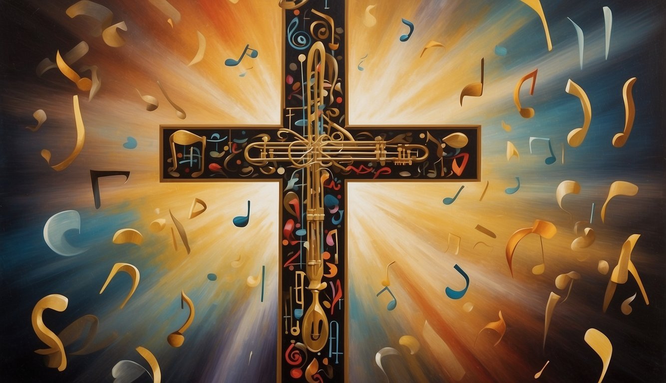 A painting of a cross surrounded by musical notes and instruments, symbolizing the integration of Christian values in contemporary art and music