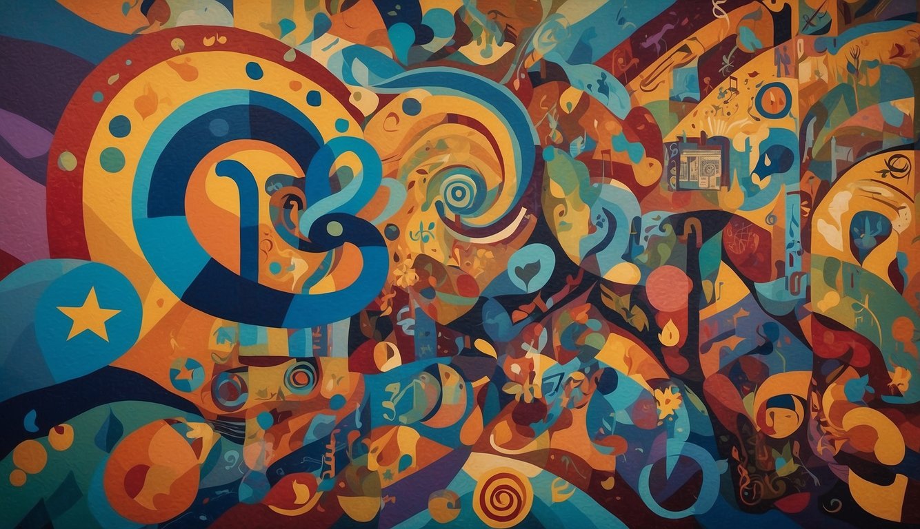 A vibrant mural of a crossroads with symbols of faith and social justice, surrounded by musical notes and diverse art forms