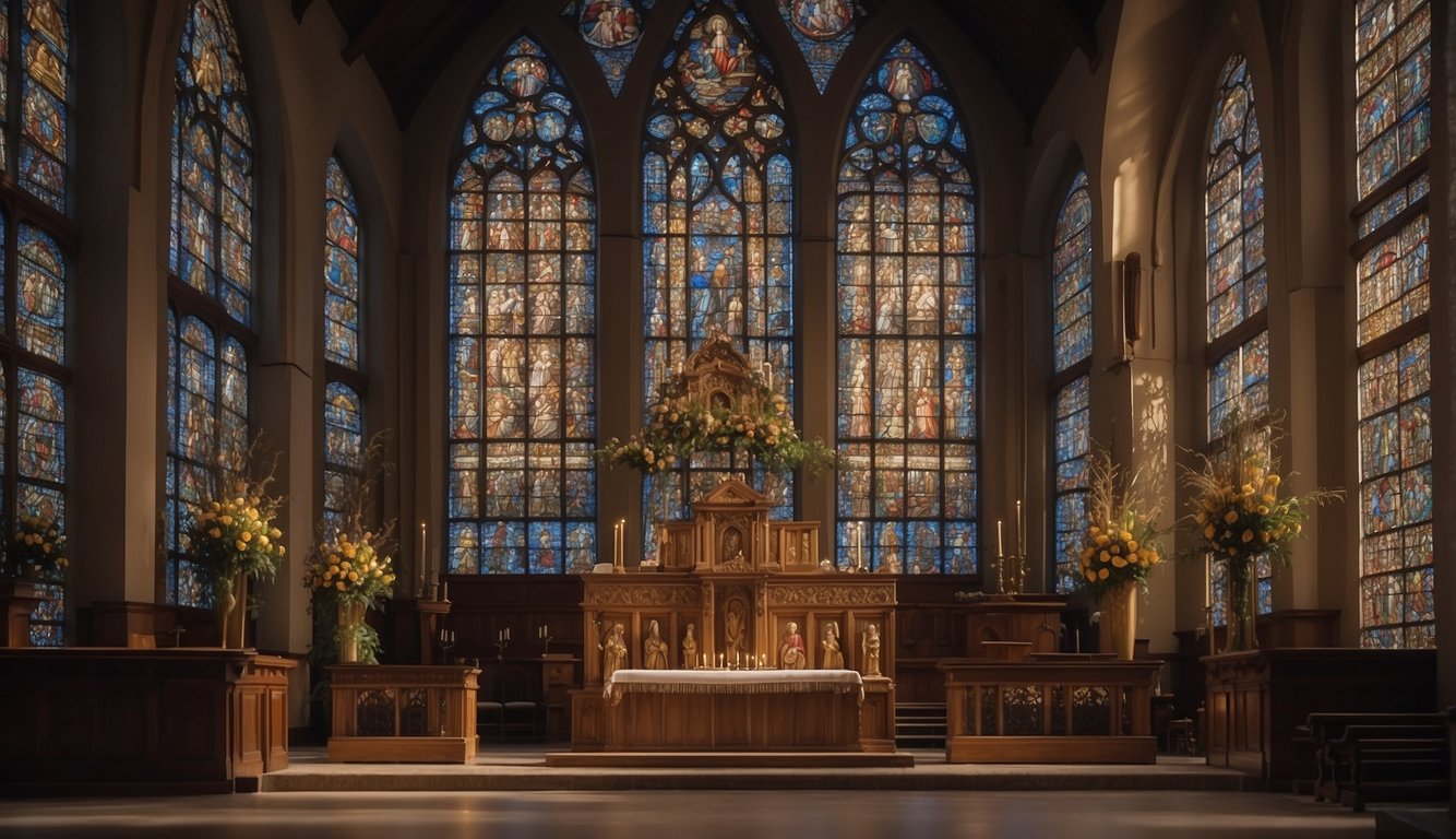 A church with stained glass windows, ornate sculptures, and a choir singing hymns. Christian symbols and biblical scenes depicted in paintings and murals