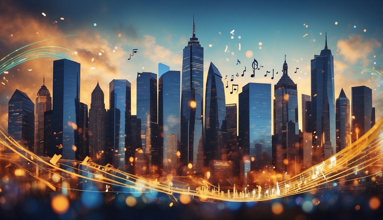 A vibrant painting of a modern city skyline with subtle Christian symbols woven into the architecture and music notes floating through the air