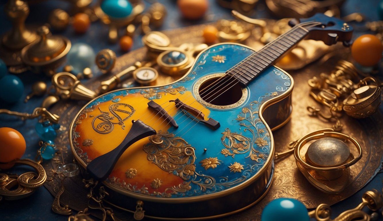 A vibrant painting of a musical instrument surrounded by religious symbols and imagery, evoking the fusion of Christian values in contemporary art and music