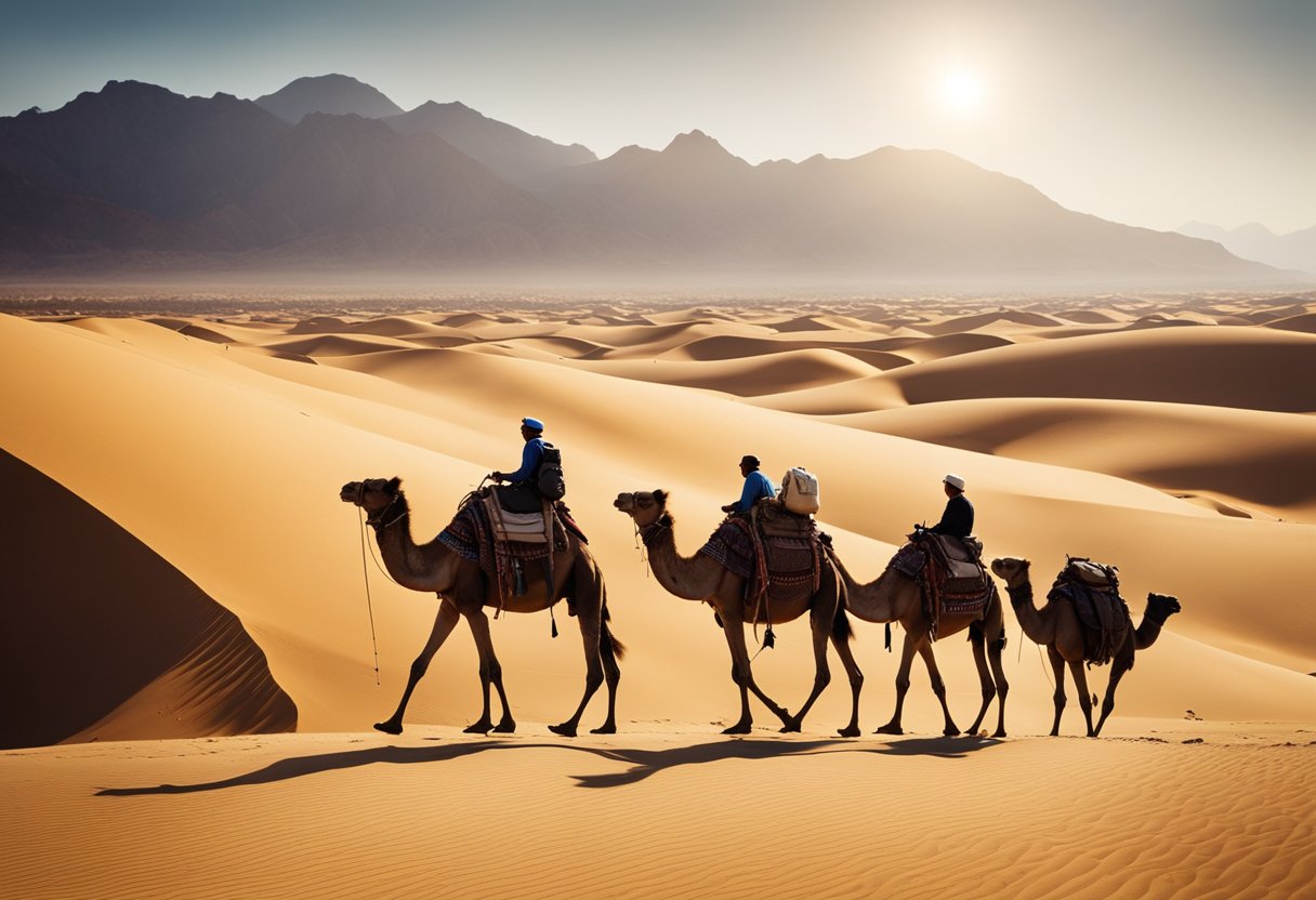 A camel caravan treks through a vast, sandy desert under the scorching sun, with distant mountains looming on the horizon