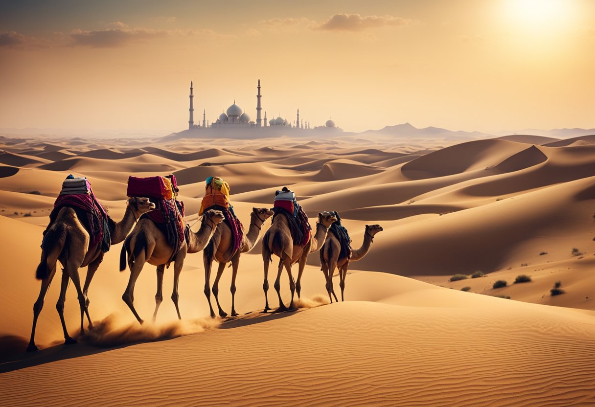 A camel caravan treks through a vast desert, with towering sand dunes and a scorching sun overhead. The caravan is led by a colorful and eccentric guide, with a backdrop of Soviet Central Asian architecture in the distance