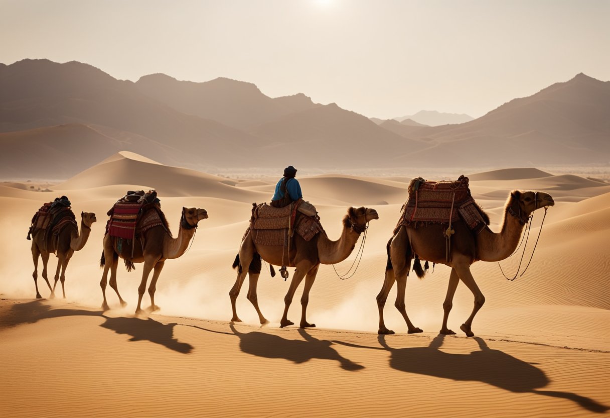 A camel caravan treks through a vast, golden desert under a scorching sun, with distant mountains and ancient ruins in the background