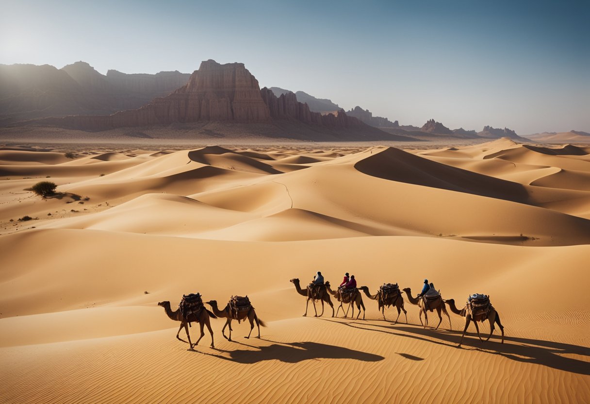 A camel caravan winds through a vast desert landscape, with towering sand dunes and a bright sun casting long shadows. In the distance, a crumbling Soviet-era building stands against the backdrop of the endless horizon