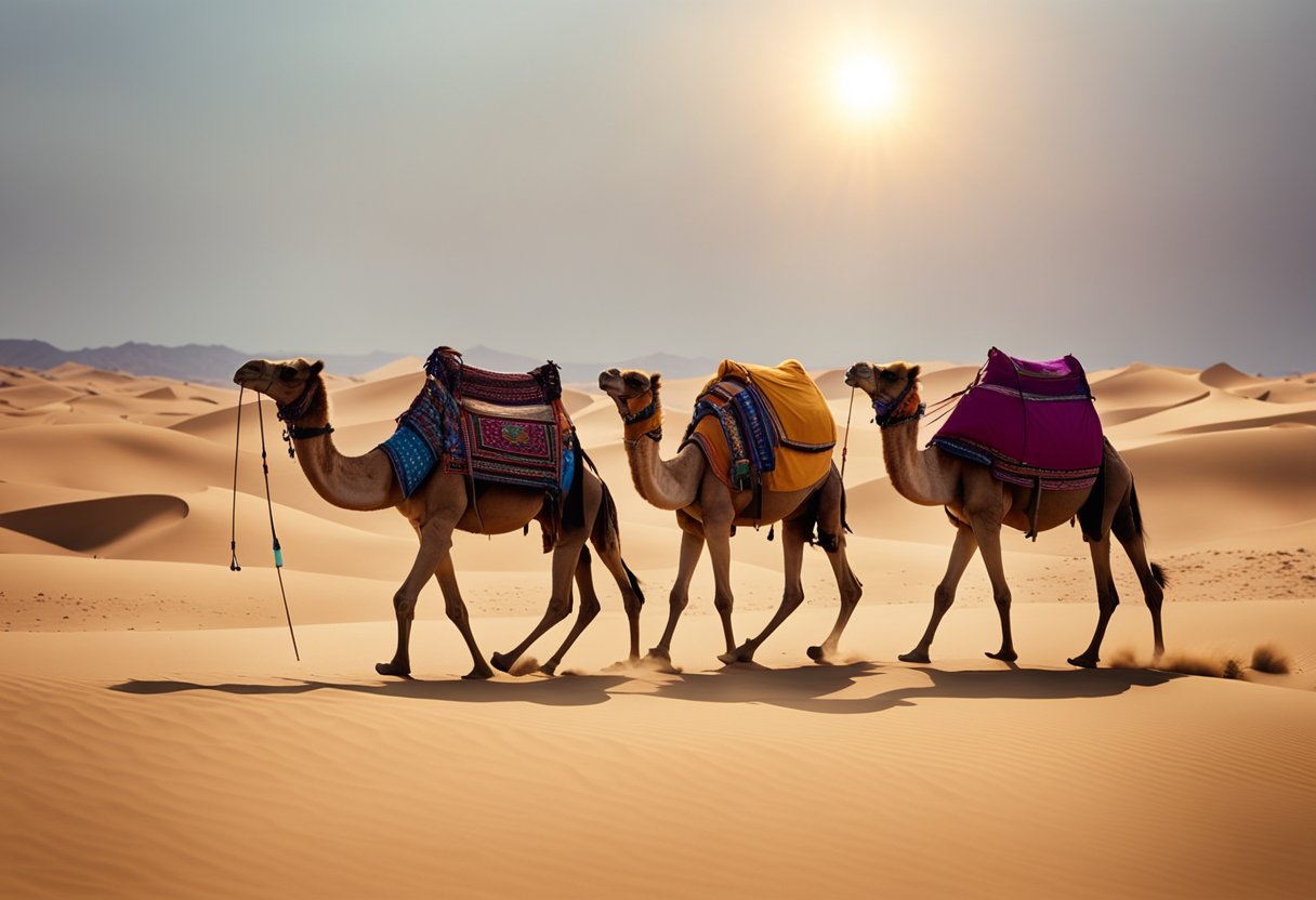 A camel caravan treks through a vast desert, with colorful tents dotting the landscape and the sun beating down on the sandy dunes