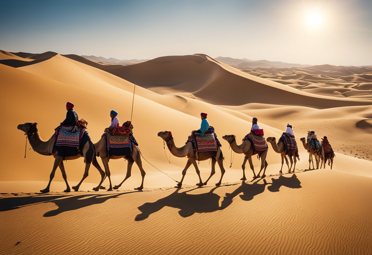 A camel caravan treks across the vast desert, with towering sand dunes and a blazing sun in the background. The vibrant colors of traditional Central Asian textiles and intricate patterns adorn the camels' harnesses