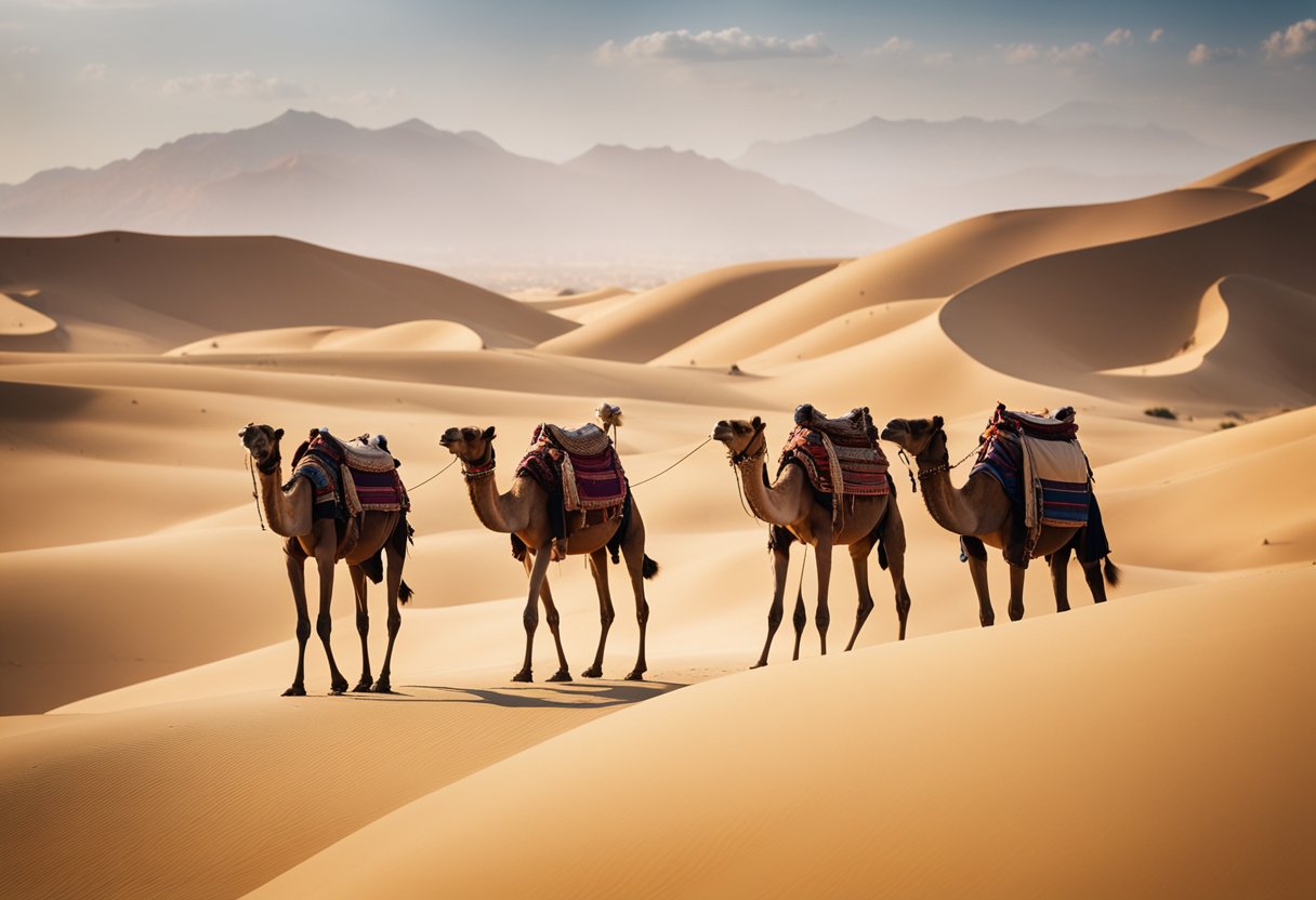 A camel caravan treks through a vast, sandy desert under the scorching sun, with distant mountains and traditional yurts dotting the landscape