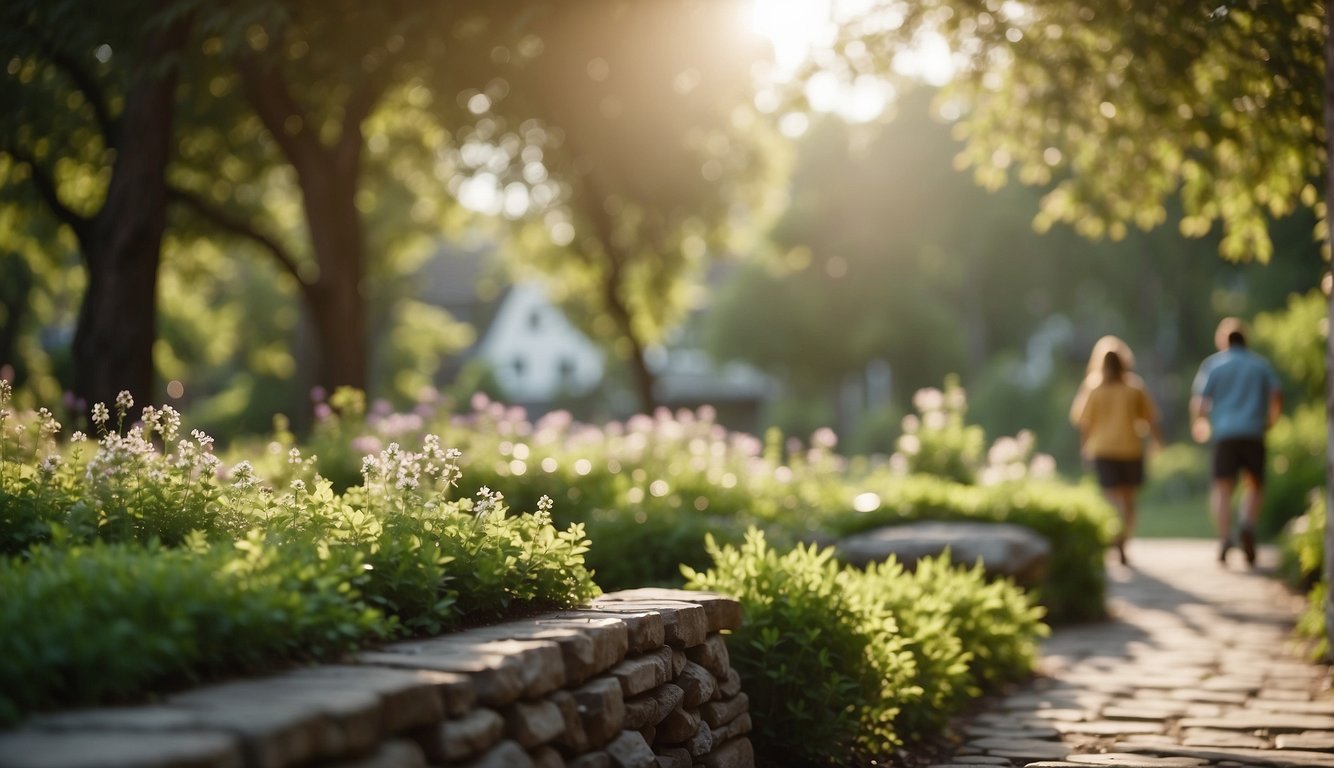 A serene landscape with a peaceful and diverse community living harmoniously, showing kindness, humility, and compassion in their daily interactions