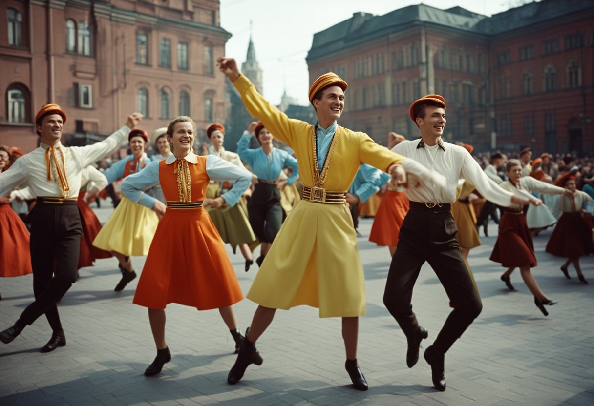 Soviet youth in 1950s Moscow dance in colorful, Western-inspired attire, defying traditional Soviet norms