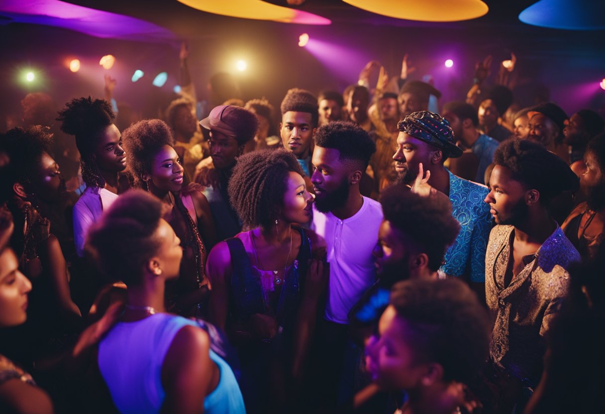 A group of young people gather in a dimly lit underground club, dancing to the beat of forbidden Western music. The room is filled with vibrant colors and bold patterns, capturing the rebellious spirit of the Stilyagi movement