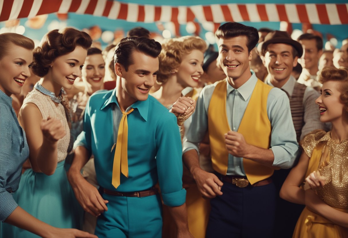 Colorful 1950s dance party with Soviet youth in Western-inspired fashion, dancing to forbidden jazz music, surrounded by posters of American icons