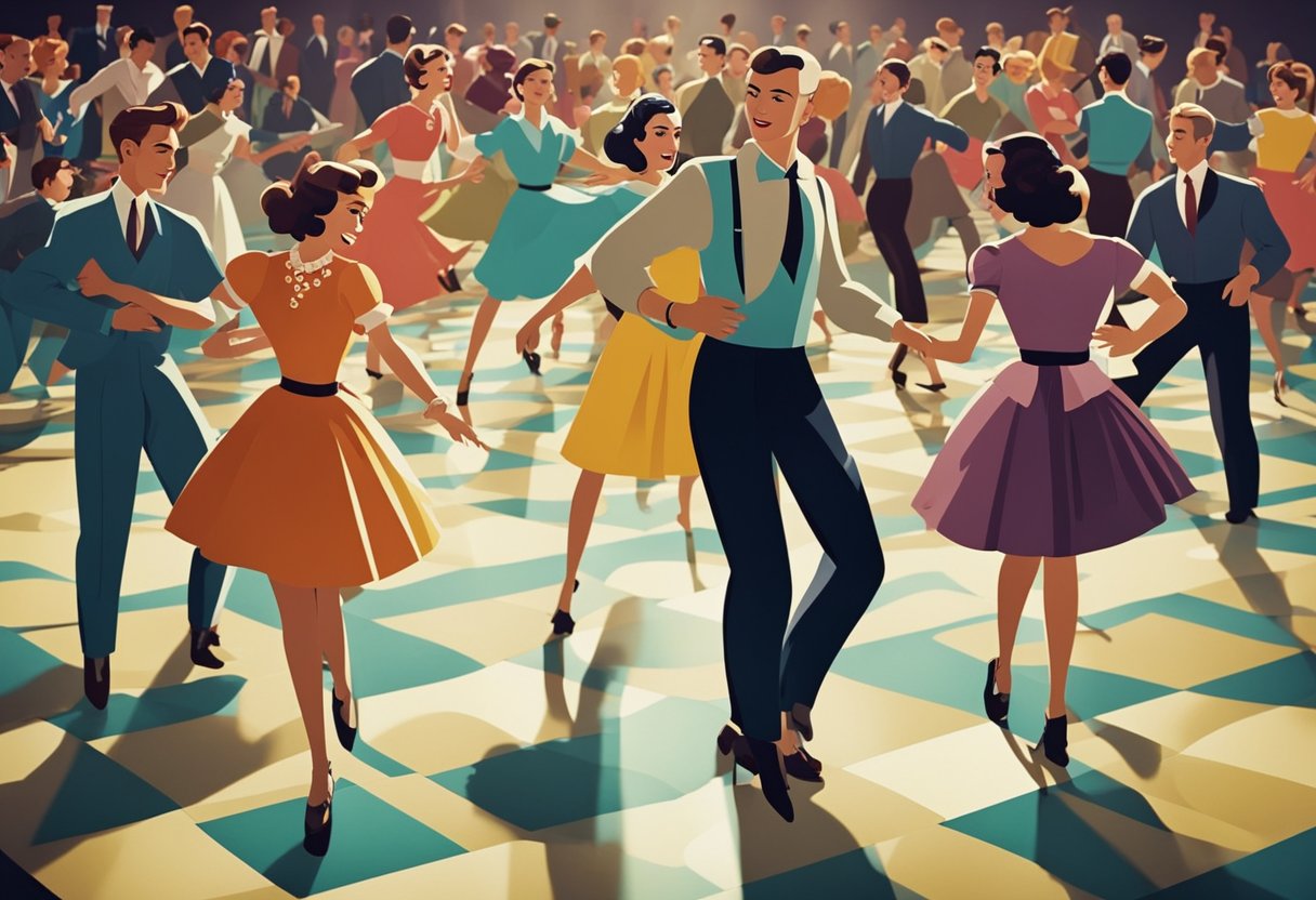 A colorful dance floor filled with young people in 1950s Soviet fashion, dancing to Western music with bold, energetic movements