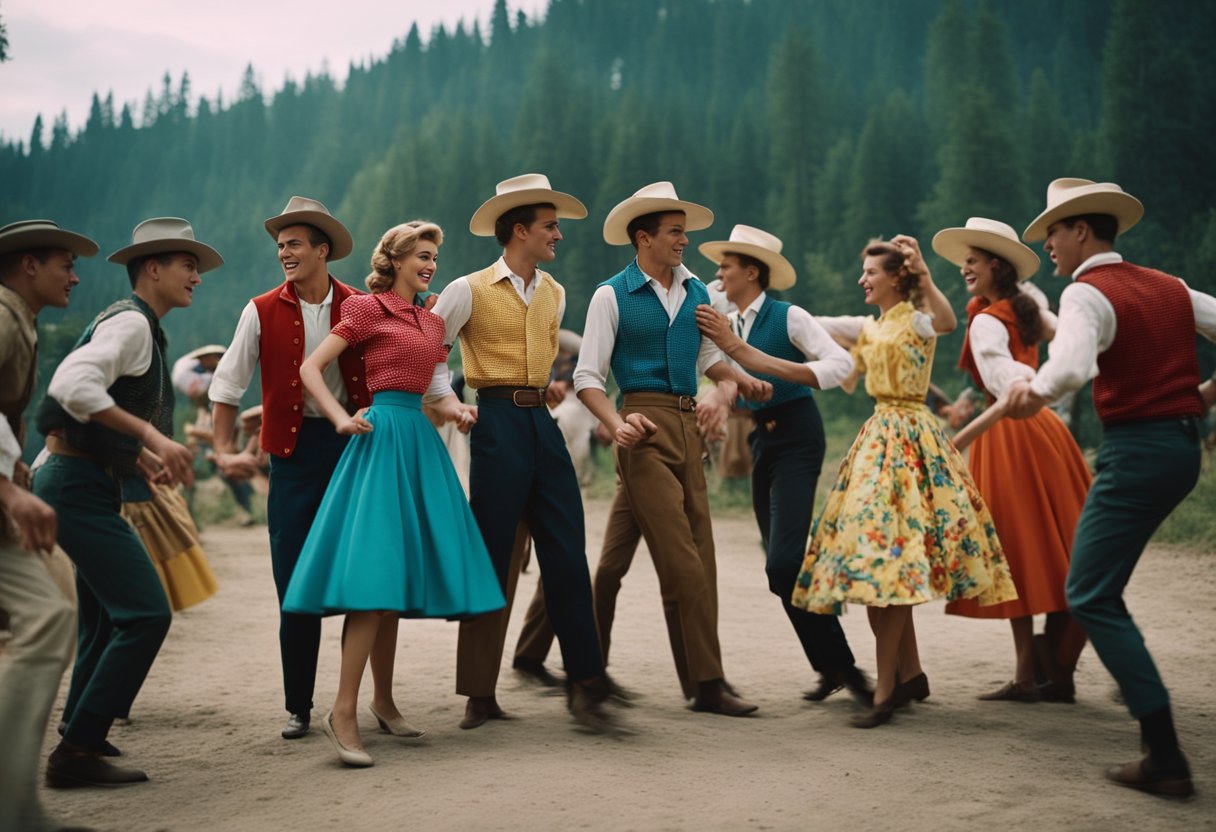 A group of young people in 1950s Soviet Union gather in a hidden location to dance, dressed in colorful and extravagant Western-inspired clothing. The atmosphere is lively and rebellious, as they embrace the forbidden culture of the West