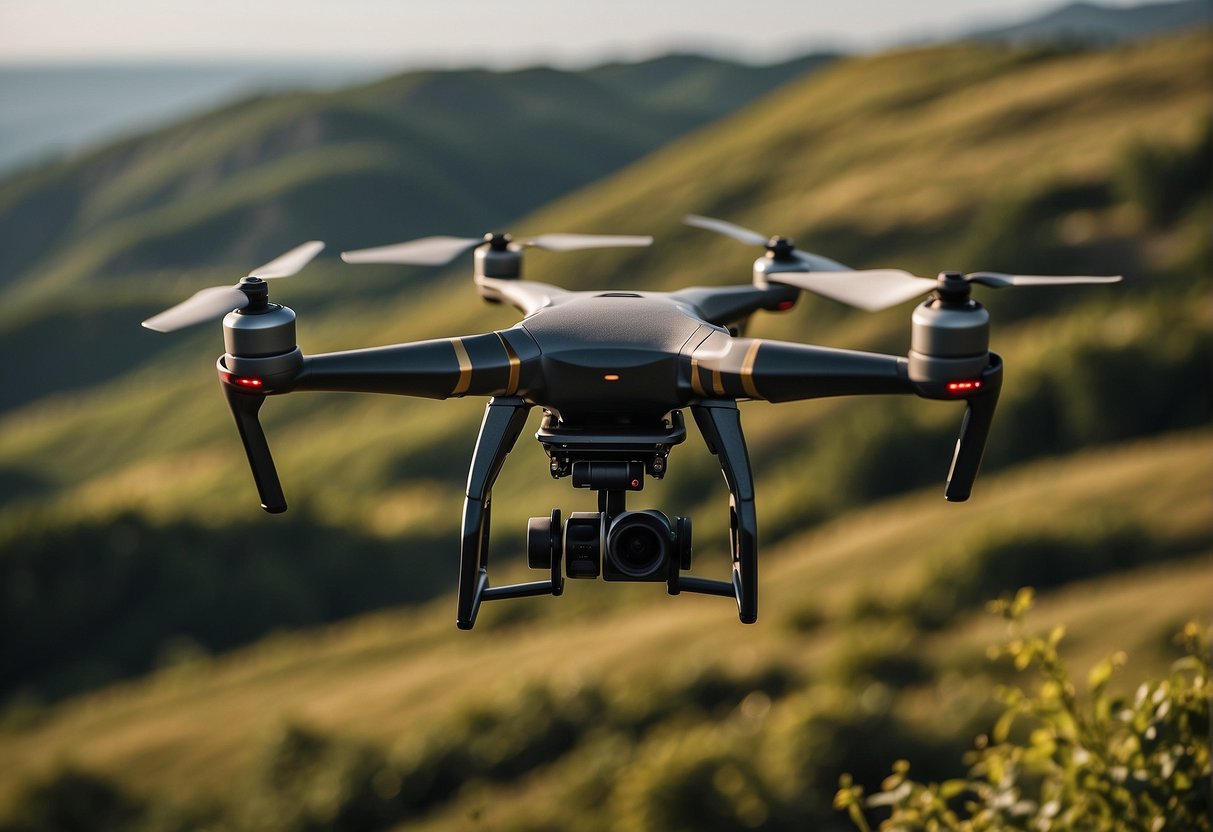 A drone hovers above a picturesque landscape, capturing stunning aerial views for a photography job