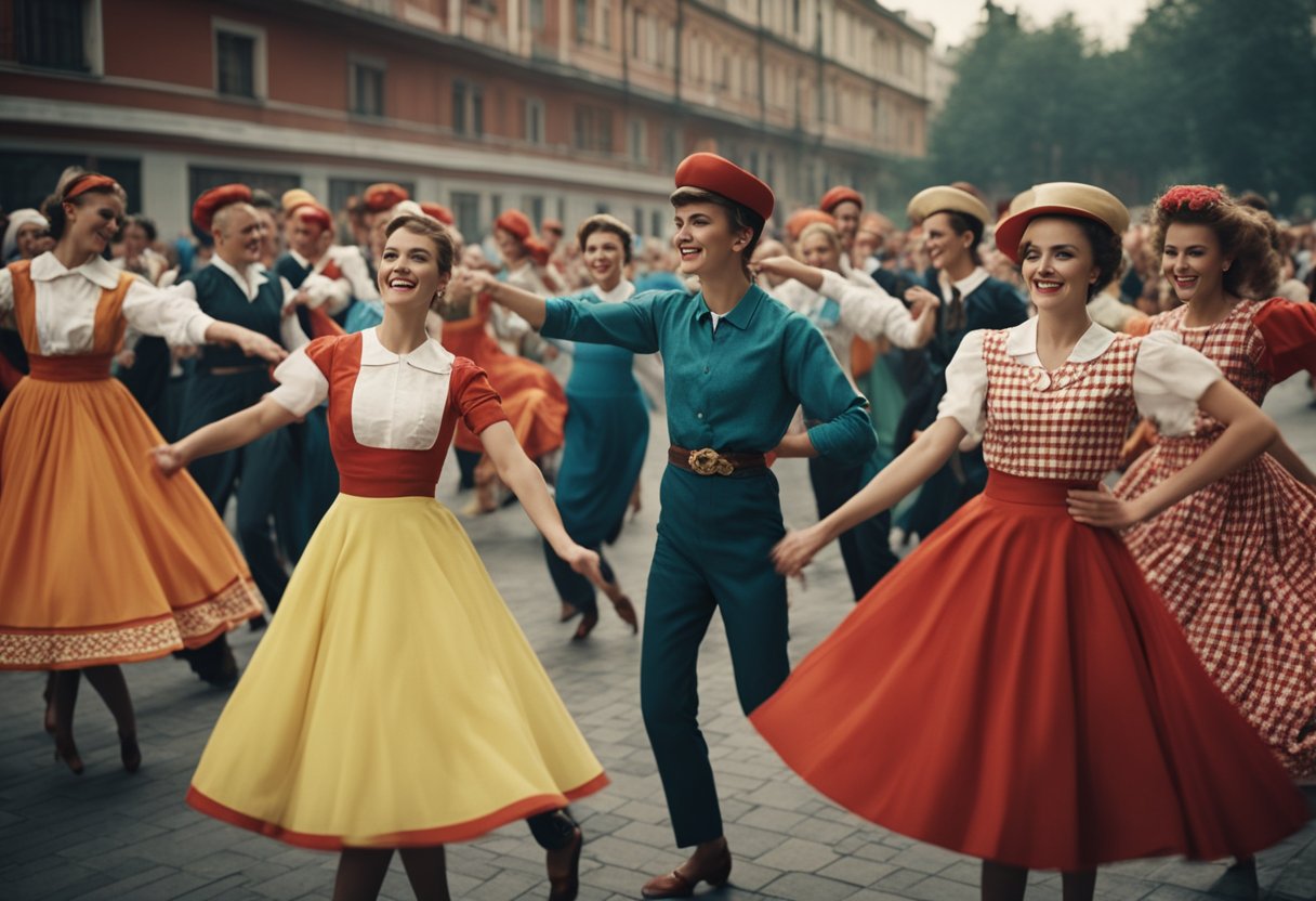 Soviet youth dance in colorful, 1950s-style outfits, blending Western and traditional Russian dance moves. The scene is filled with energy and excitement