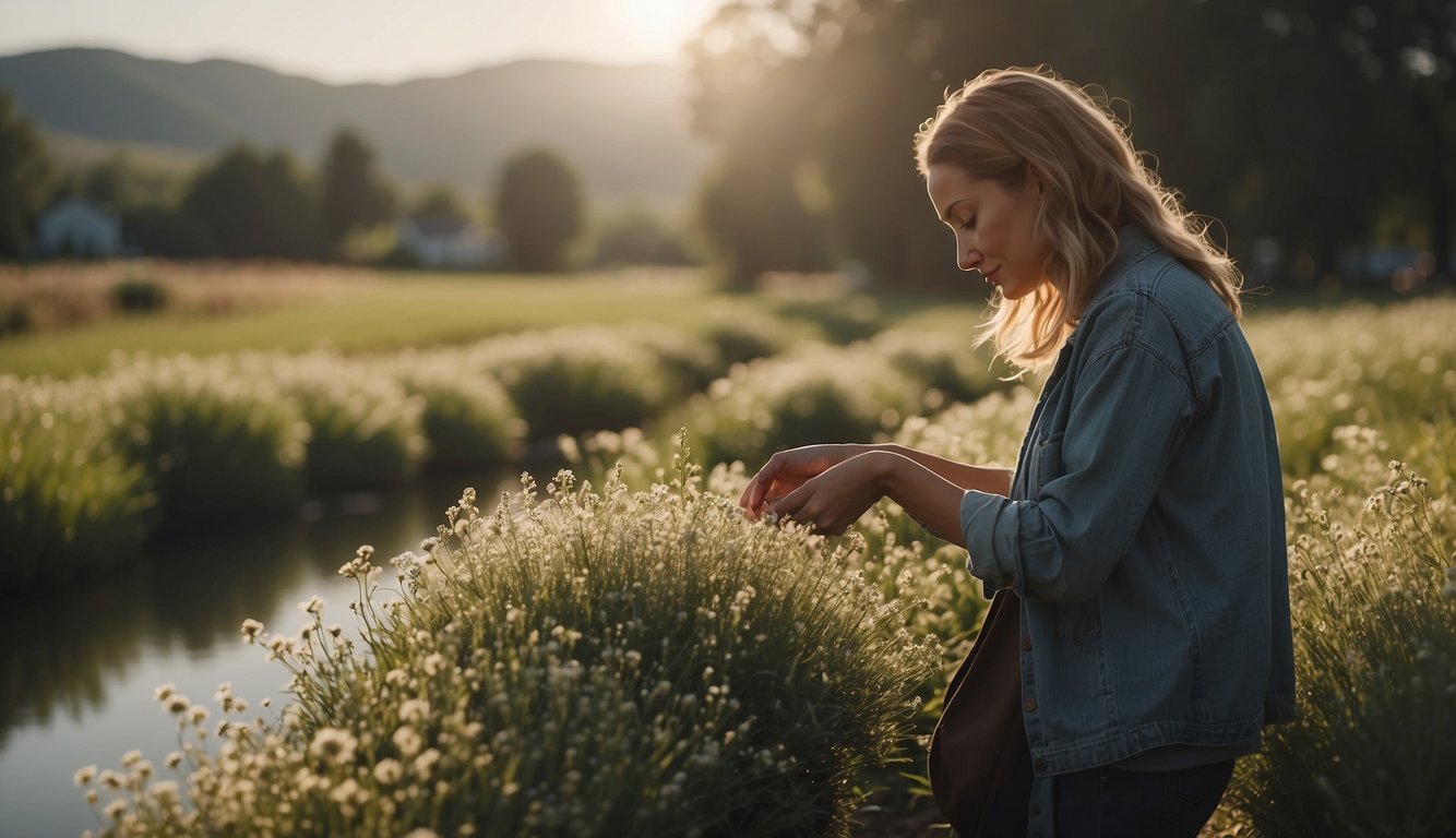 A serene landscape with a person helping others, showing kindness, mercy, and humility. A peaceful setting with a sense of community and compassion