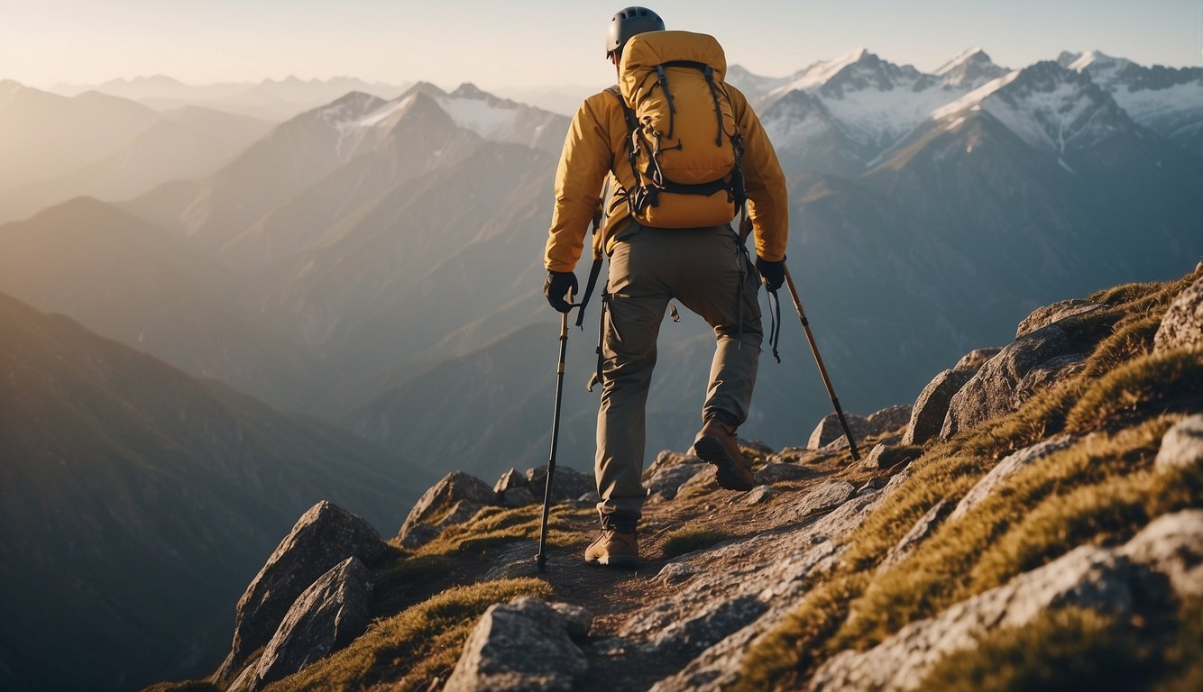 A mountain climber reaching the summit, facing obstacles with determination and perseverance