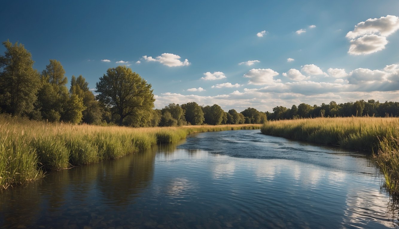 A serene landscape with a calm, flowing river and a clear blue sky, symbolizing the peace and freedom that comes with forgiveness