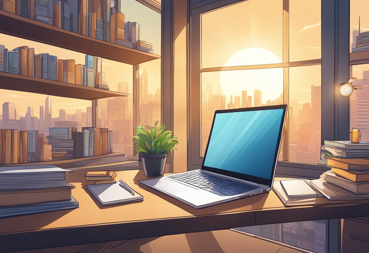 A laptop sits on a sleek desk, surrounded by books on e-commerce and a notepad filled with brainstorming ideas. A window overlooks a bustling city, with the sun casting a warm glow into the room