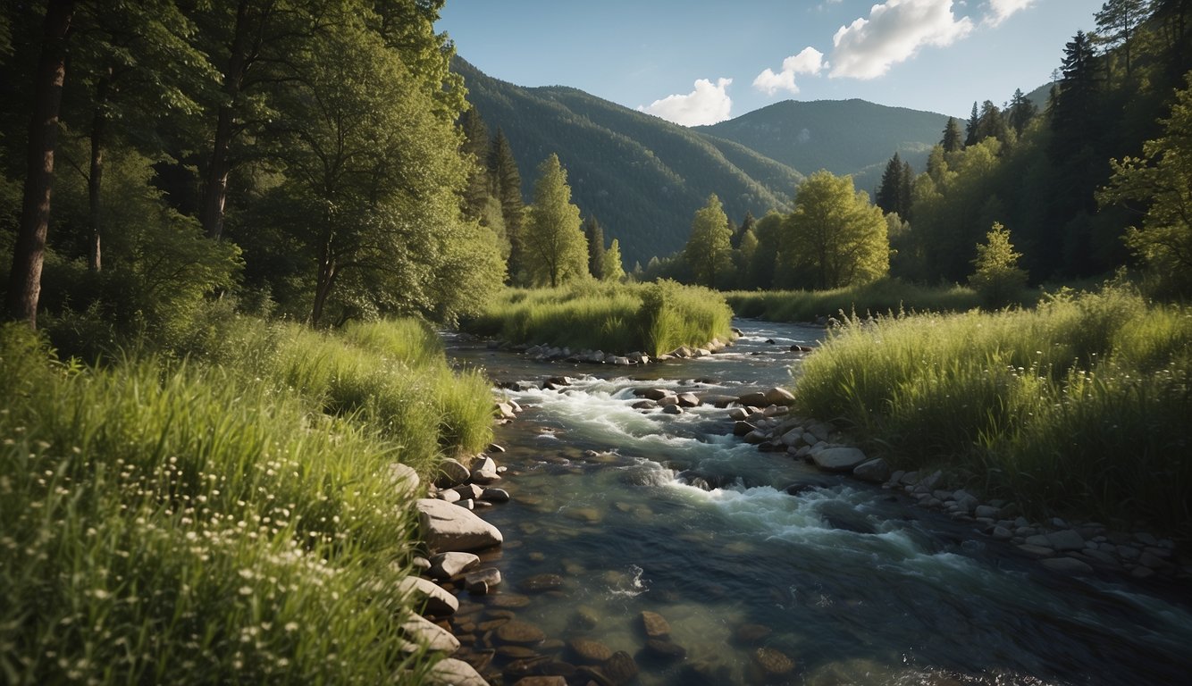 A serene landscape with a tranquil river flowing through lush greenery, symbolizing the peace and freedom that comes with forgiveness