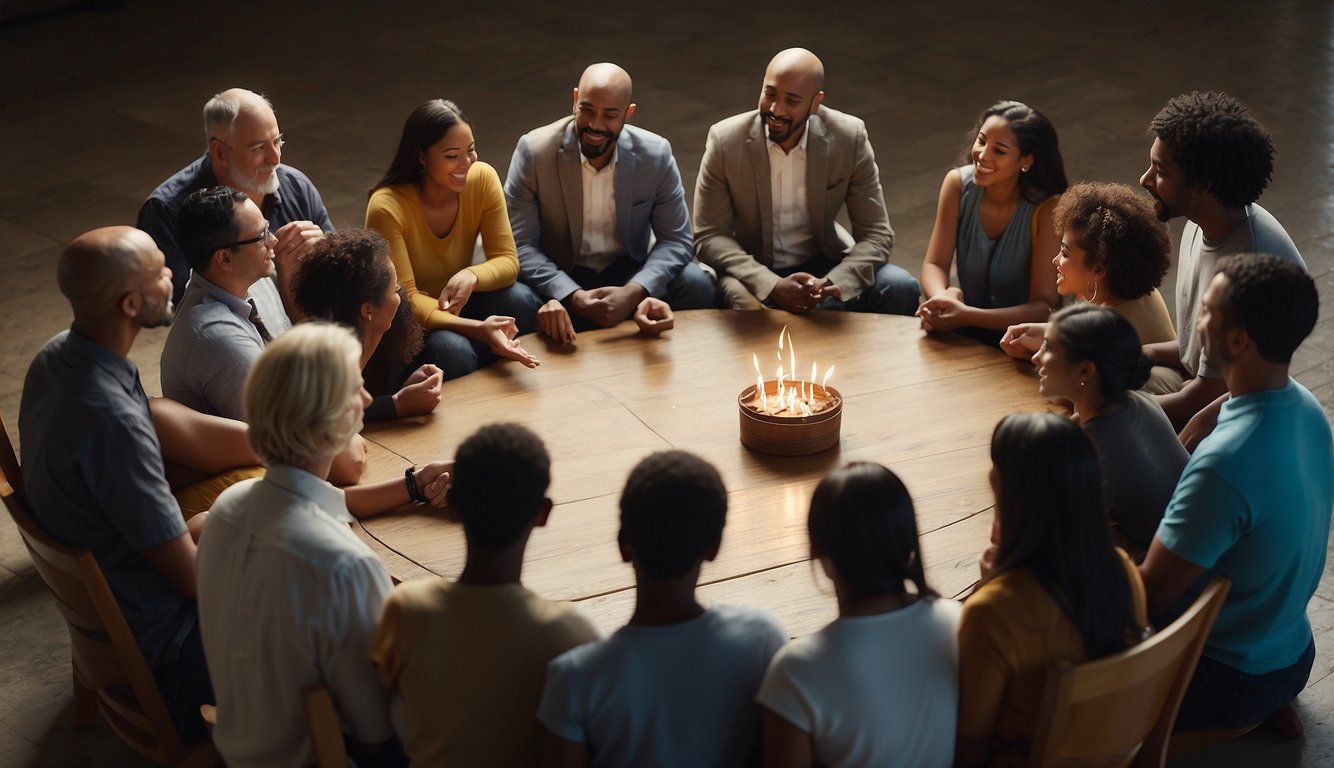 A diverse group of people gathered in a circle, sharing personal stories and discussing biblical insights on the power of forgiveness