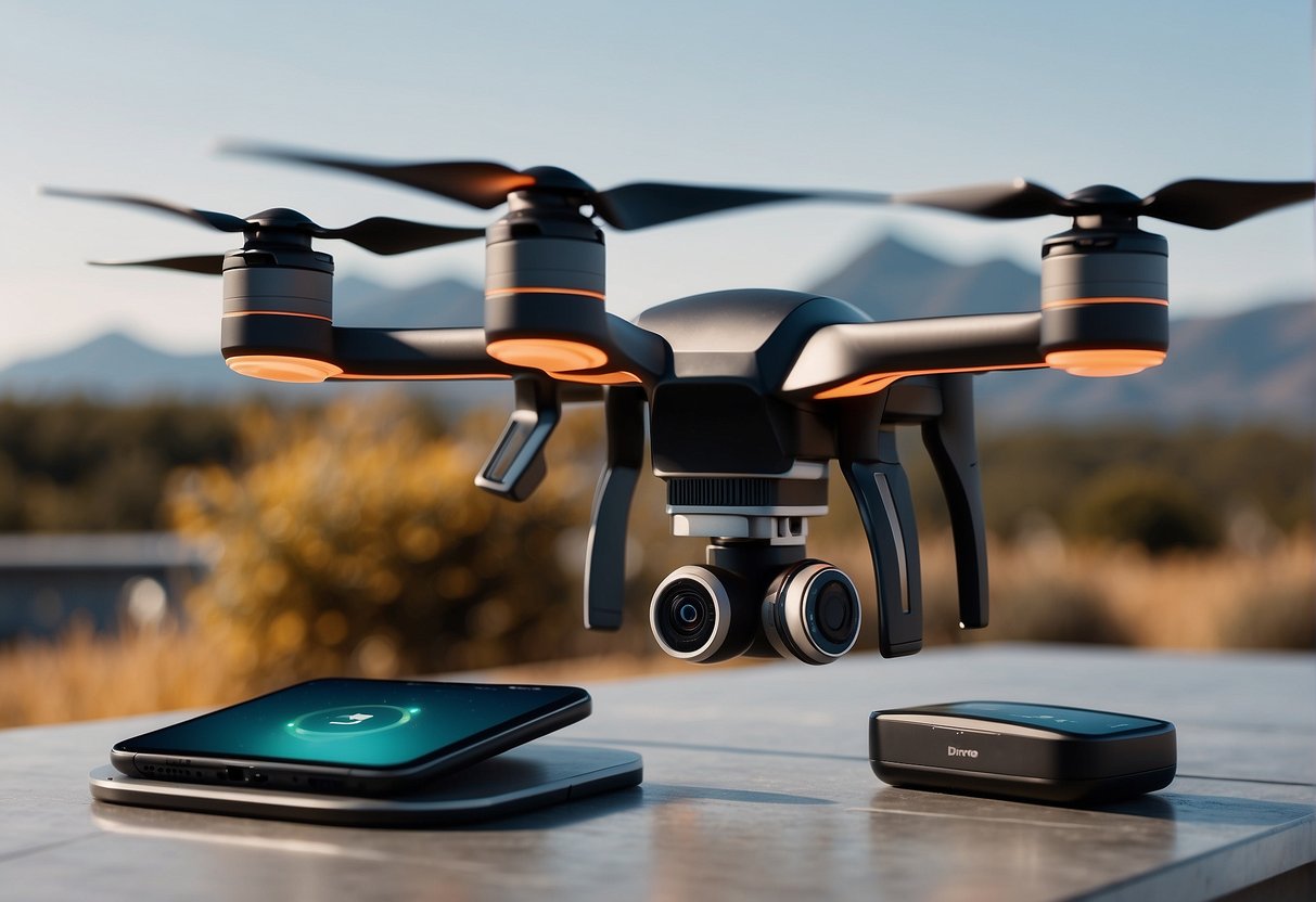 A drone hovers above a charging station, its battery connecting to the charger. The station is a sleek, futuristic design with glowing indicators