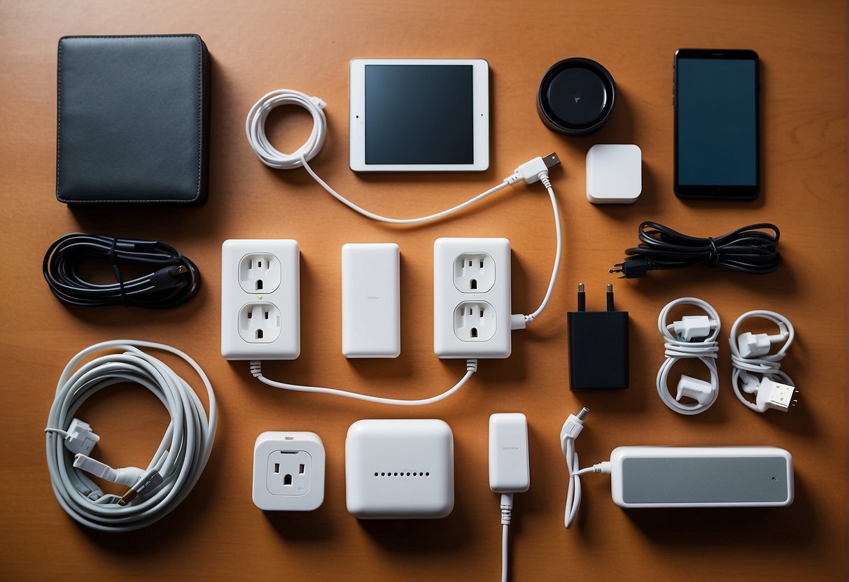 A table with various types of drone chargers plugged into a power strip, surrounded by a clutter of cables and electronic devices