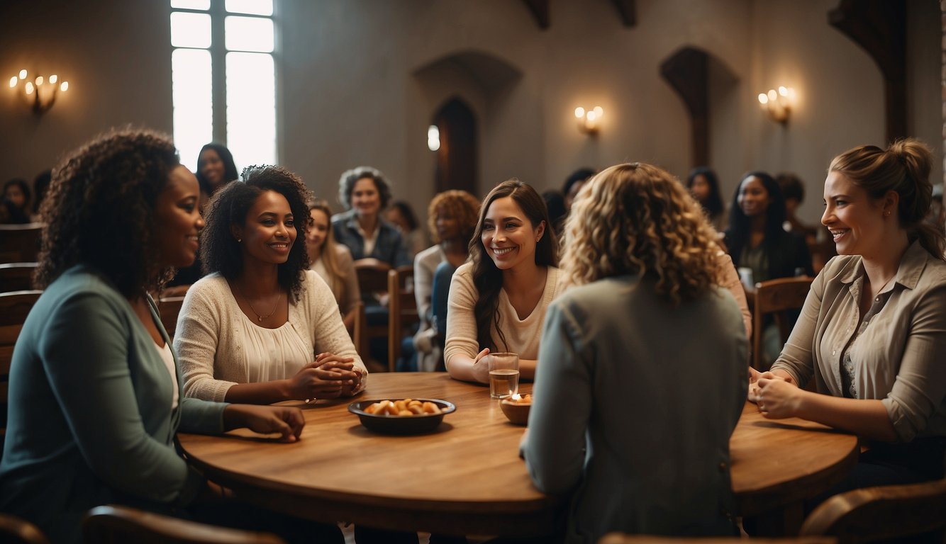 A group of women gather in a circle, sharing stories and supporting each other. They are depicted in different roles within the church, such as leaders, teachers, and caregivers