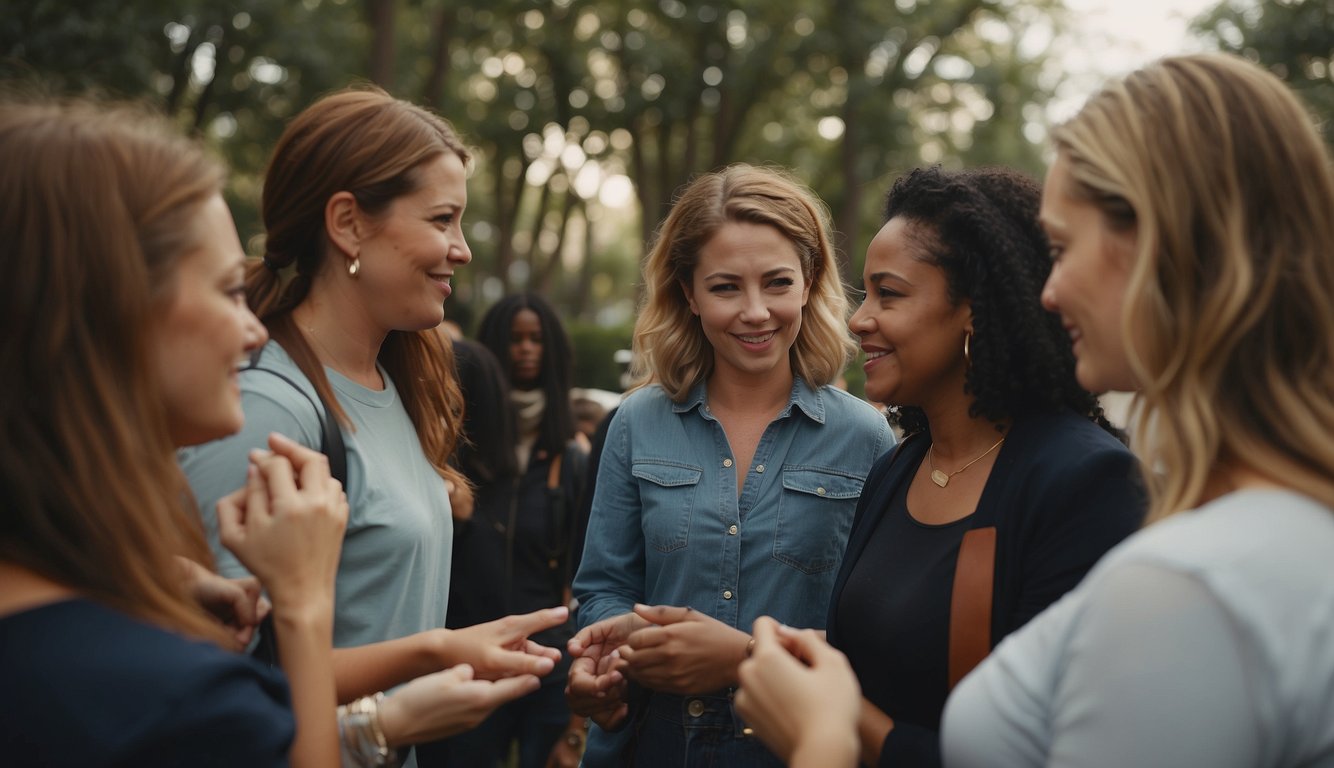 A group of women gather in a circle, discussing and sharing their experiences in the early church and in modern times. Their faces reflect determination and strength as they support each other in their roles