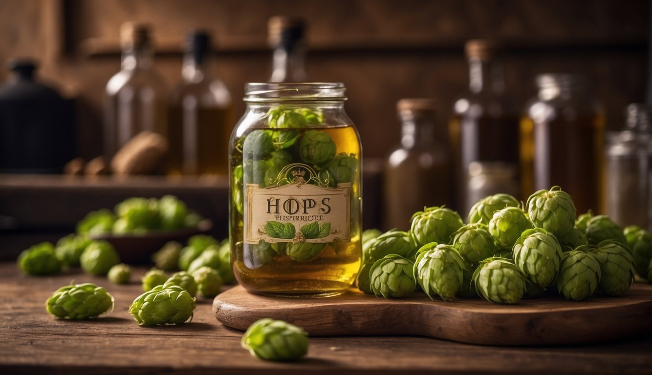 A glass jar filled with hops and alcohol, sitting on a wooden countertop with a label reading "Hops Tincture Recipe."