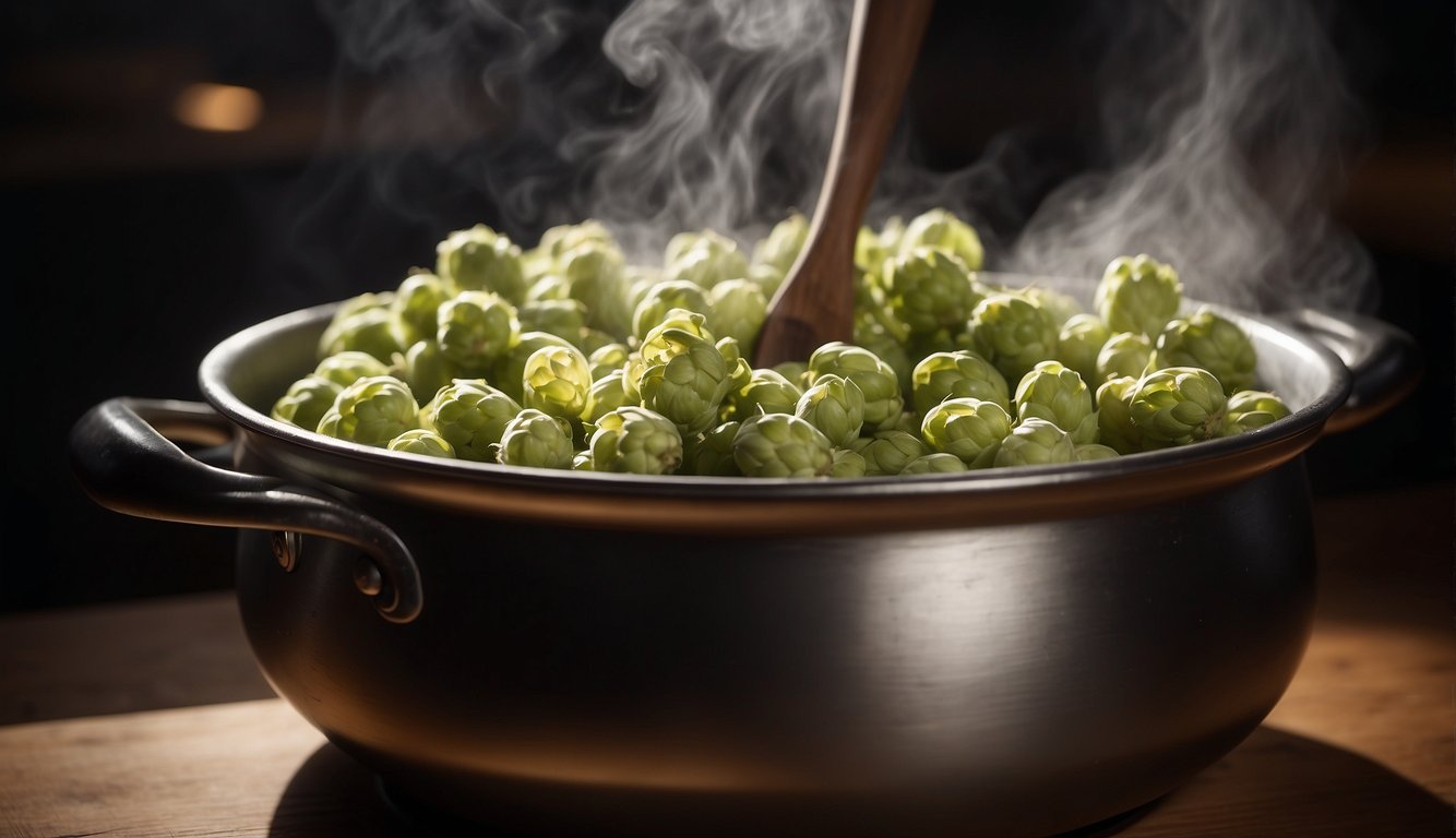 A bubbling cauldron steams as hops are added to a pot of boiling water, releasing a fragrant aroma. A wooden spoon stirs the mixture as it simmers, creating a rich tincture