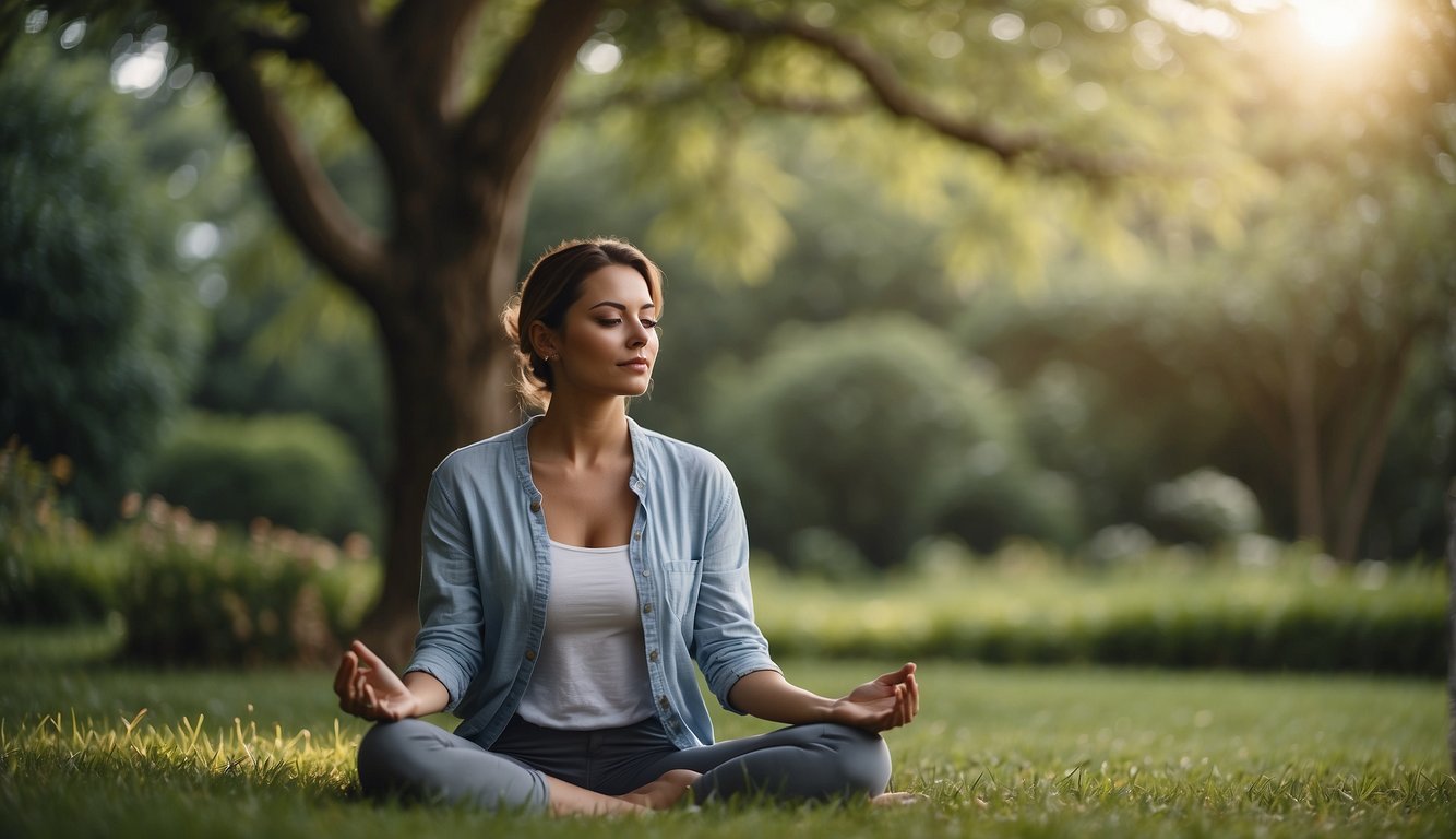 A person sitting in a peaceful garden, surrounded by nature and meditating, with a sense of calm and inner peace