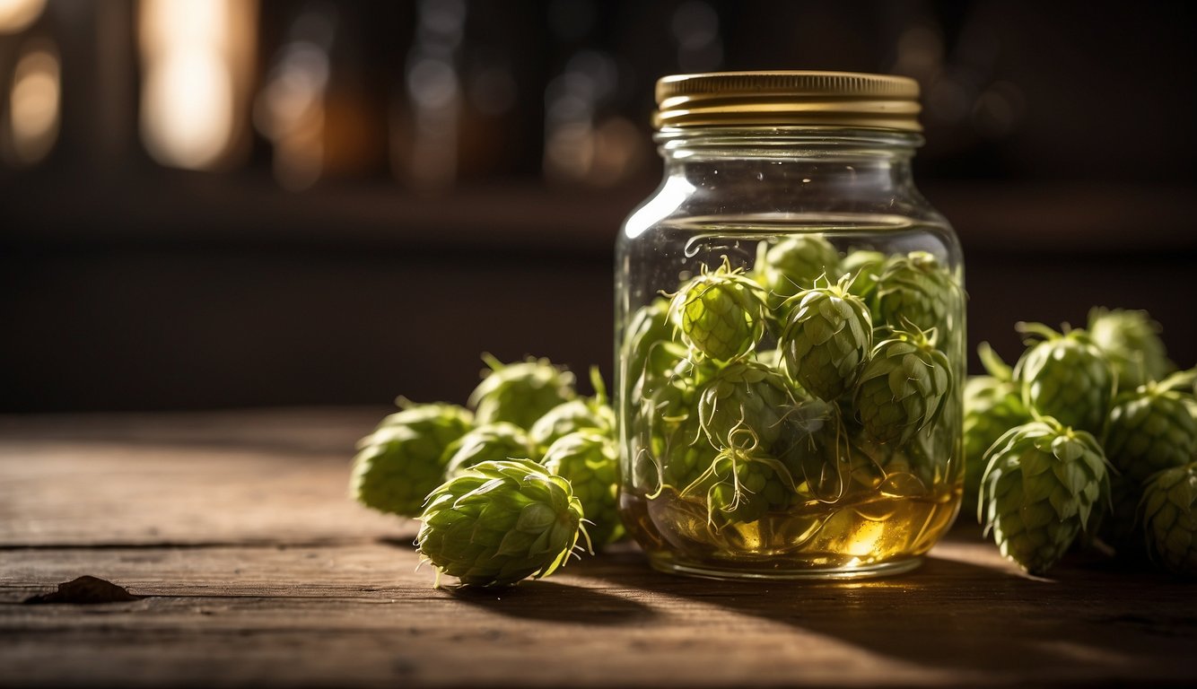 A glass jar filled with hops and alcohol, sitting on a wooden table. A dropper hovers over the jar, adding the final ingredient to the tincture