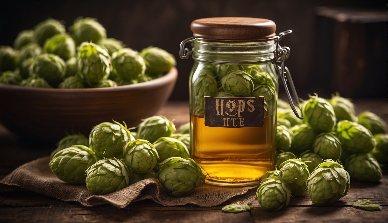 A glass jar filled with hops, a measuring cup, and a label with "Hops Tincture Recipe" written on it