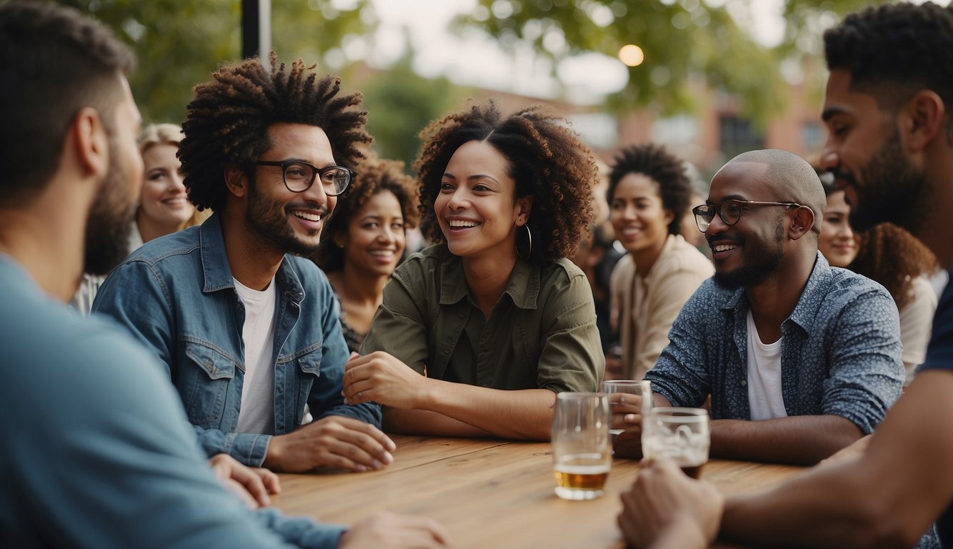 A group of people from various cultural backgrounds gather in a diverse community setting, engaging in open dialogue and support for mental health from a Christian perspective